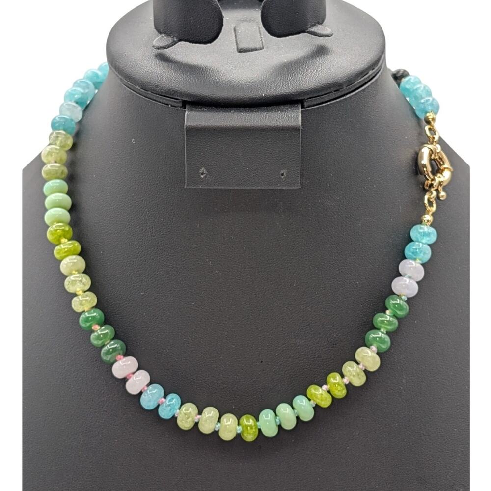 Green Blue Natural Gemstone Beaded Hand Knotted Choker 17.5" Necklace
